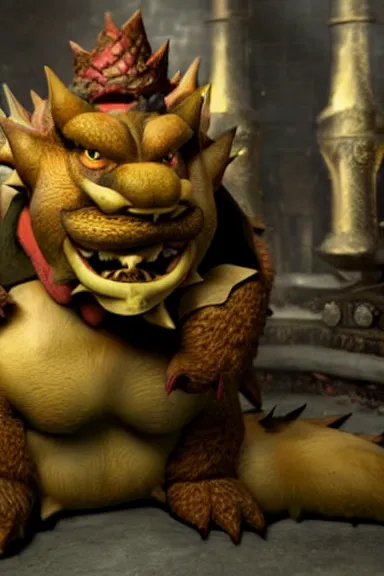 Image similar to very very intricate photorealistic photo of bowser in an episode of game of thrones, photo is in focus with detailed atmospheric lighting, award - winning details