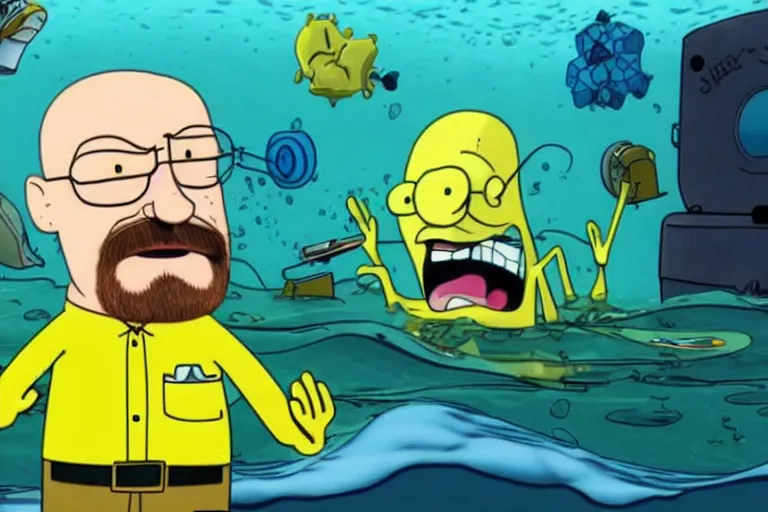 Image similar to walter white in spongebob squarepants, film still, underwater, hyperrealistic, dramatic lighting,