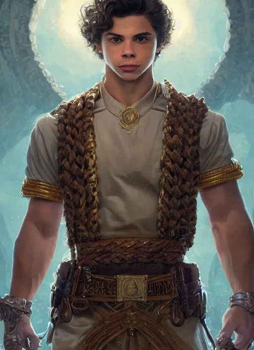 Prompt: jake t. austin as a clerk in the grand library, intricate braided hair, small nose, muscular figure, soft lighting, highly detailed face, sharp focus, artstation, dnd, sophie anderson, arnold armitage, loish