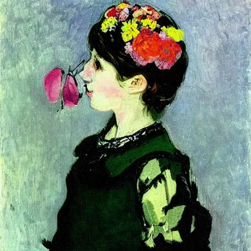 Image similar to Young girl, with flowers on her face, Valentin Serov style