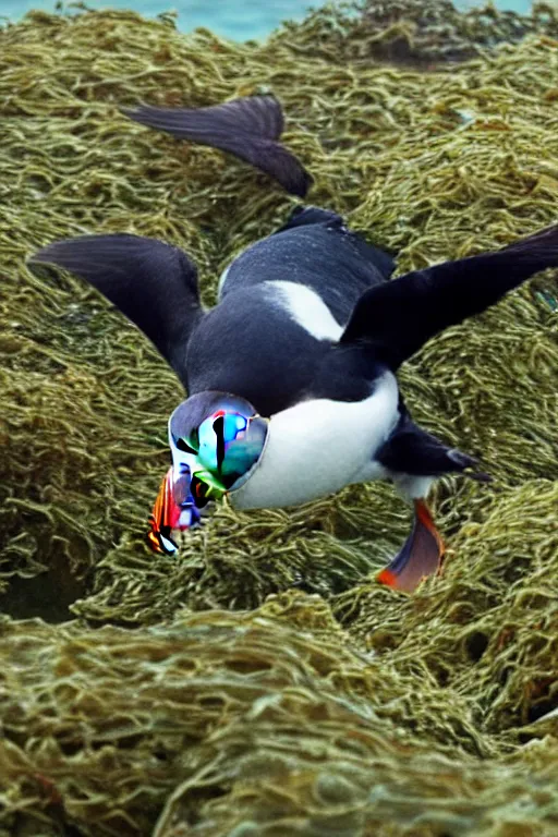 Prompt: beautiful photo of a puffin swimming amongst seaweed underwater in clear water