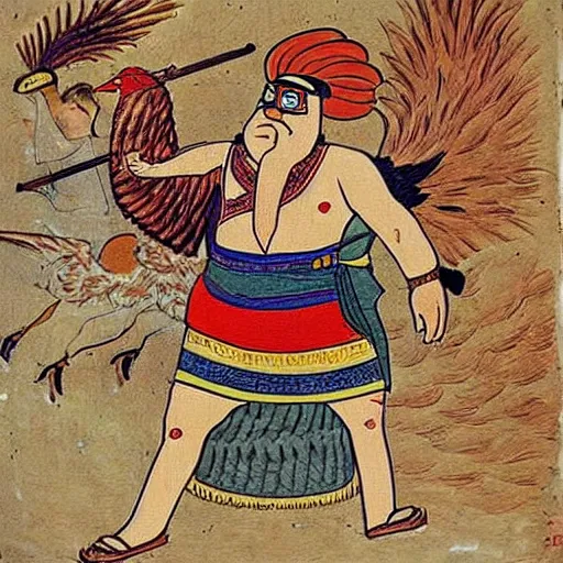 Image similar to mesopotamian artwork portraying peter griffin fighting a giant chicken, very detailed, very intricate,