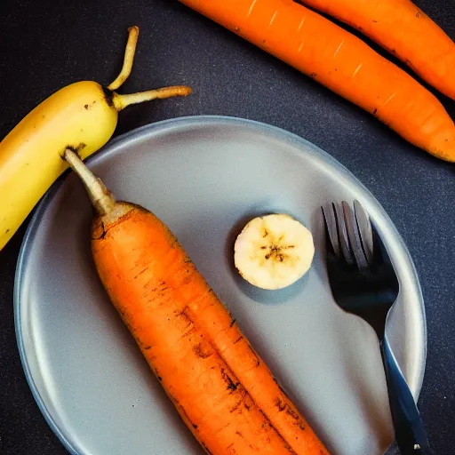 Image similar to a peeled banana with a carrot on the inside, 8k, food photography