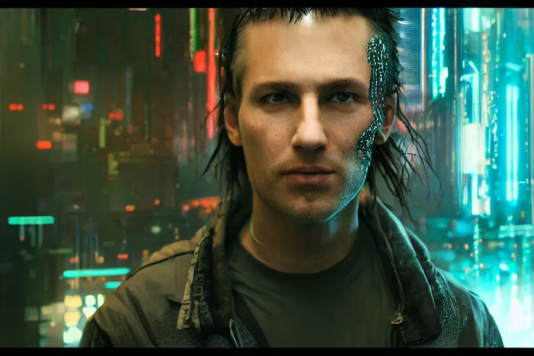 Image similar to video game movie of a cyberpunk hacker closeup portrait in high tech compound by Emmanuel Lubezki