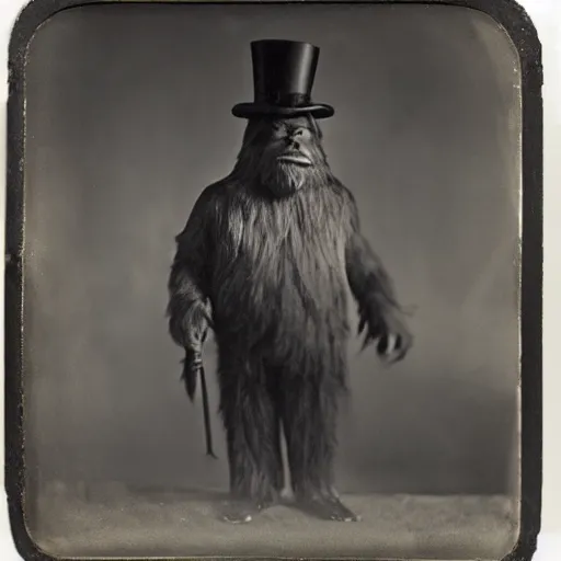 Image similar to a vintage wet plate portrait of a dignified bigfoot with a top hat and cane, extremely detailed, by robert capa!!!!!!!!!!!!!!!!!!