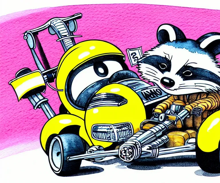 Image similar to cute and funny, racoon wearing a helmet riding in a tiny top fuel dragster funny car, ratfink style by ed roth, centered award winning watercolor pen illustration, isometric illustration by chihiro iwasaki, edited by range murata
