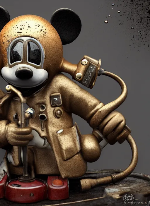 Image similar to 1 9 4 5 wartime mickey mouse, gas mask, automotive, flower pop, porcelain, fractal, leathery, wet, broken, melting, rococo, mycelium, baroque, sumerian, radiant alien, magic kingdom, octane render, high detail