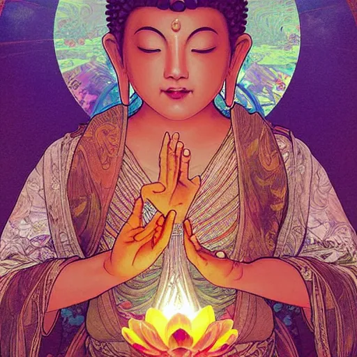 Image similar to one Buddha is giving a lotus flower to another young Buddha, illustration, happy, intricate, colorful, art by artgerm and greg rutkowski and alphonse mucha and simon stalenhag