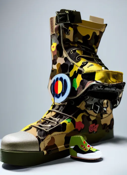 Image similar to hyperrealistic and heavy detailed product photo bape avant garde shoe of movie the fifth element, in front of white back drop, whole shoe is in picture, leica sl 2 5 0 mm, vivid color, high quality, high textured, real life