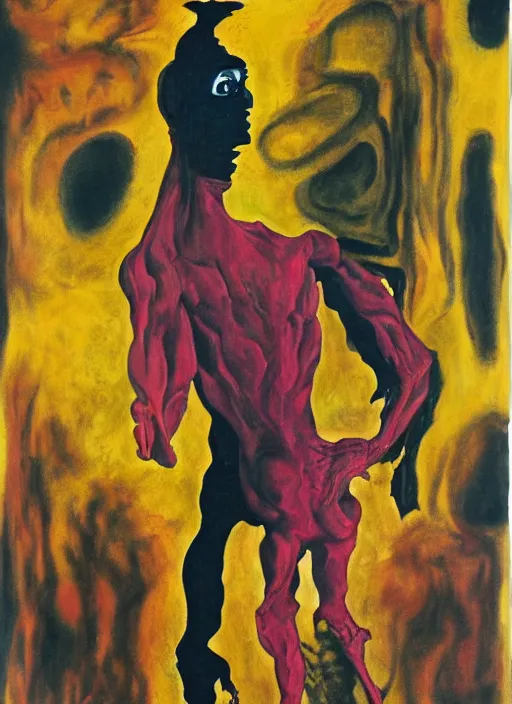 Prompt: man in black, grotesque, doomed, acrylic paint, gouache on canvas, vibrant colors, grotesque, wrapped thermal background, art francis bacon