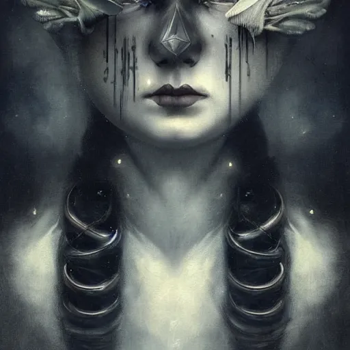 Image similar to By Tom Bagshaw, ultra realist soft painting portrait of curiosities carnival by night, very beautiful single outlaw star fully dressed fading, symmetry accurate features, very intricate details, ominous sky, black and white, volumetric light clouds