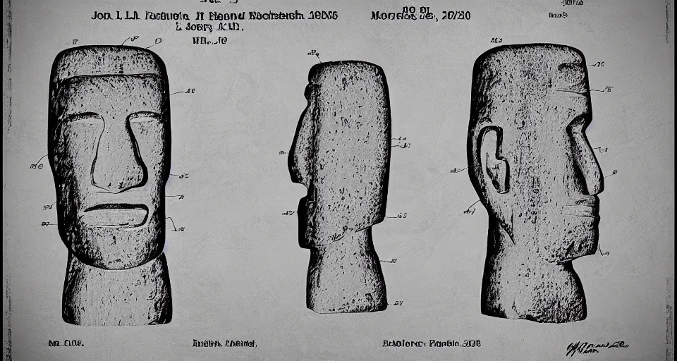 Image similar to moai head patent drawing, photorealistic