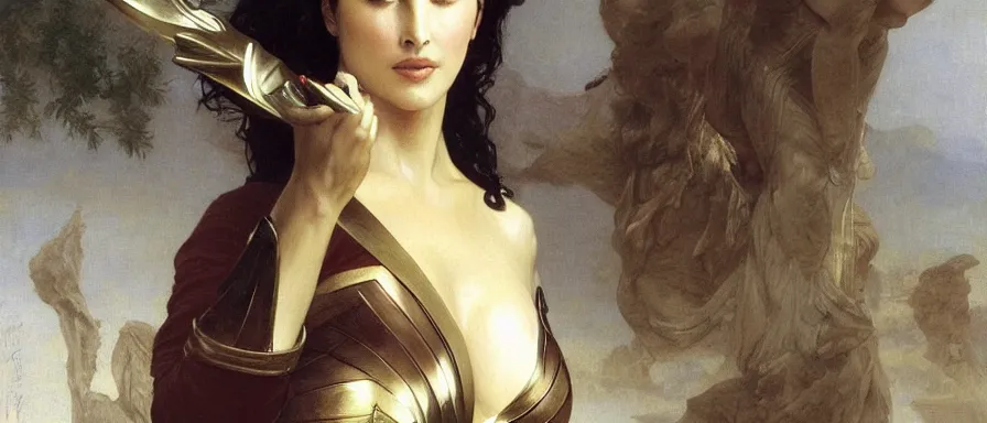 Prompt: Painting of Monica Bellucci as Wonder Woman. Art by william adolphe bouguereau. Extremely detailed. Beautiful. Award winning.