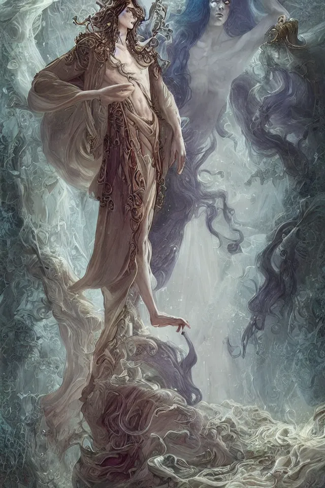 Image similar to thin male royal magician in fantasy long embroidered clothes, voluminous sleeves, long wavy dark hair, pale skin, 19th century fantasy, ethereal, graceful, elegant, highly detailed, intricate, dramatic lighting, art by Peter Mohrbacher, Ivan Bilibin