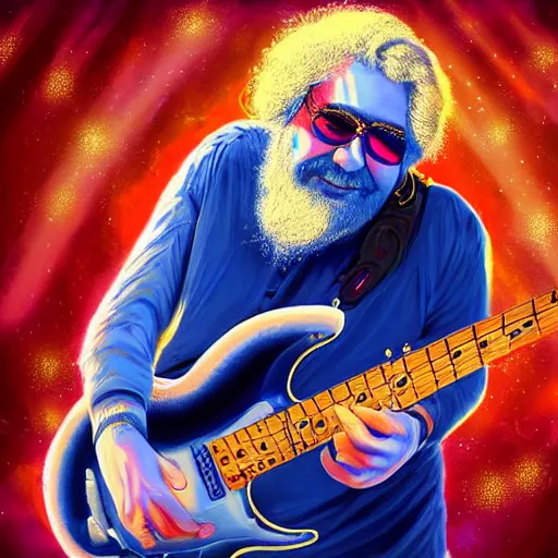 Image similar to a Jerry Garcia guitarist playing so intensely there is electricity shooting out from his guitar, energy beams under his finger tips, and magic sparkles from the freboard, amazing ditial art, trending on artstation, featured on deviantart