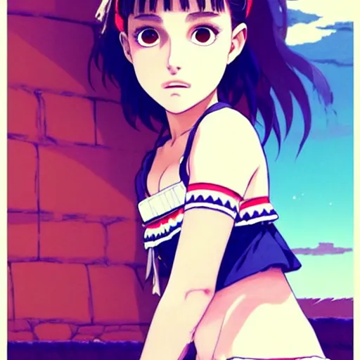 Image similar to a beautiful! boyish! natalie portman alluring gravure! model, wearing japanese school girl outfit with mayan pattern and native style, aztec street fashion, gapmoe yandere grimdark, trending on pixiv fanbox, painted by greg rutkowski makoto shinkai takashi takeuchi studio ghibli, akihiko yoshida