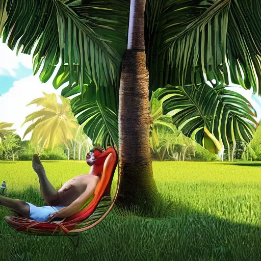 Image similar to person relaxing under the shade of a banana tree, digital art, hyper detailed