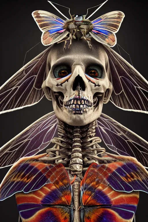 Image similar to a portrait of a skelton with moth wings, highly detailed, digital photo, hdri, by christopher bretz and john carpenter, vivid colors, high contrast, 8 k resolution, intricate, photorealistic, smooth, psychedelic color scheme, concept art, award winning, cg society contest winner