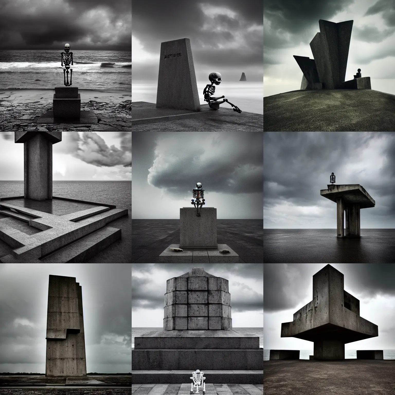 Prompt: a skeleton sitting on a beautiful, photo - realistic, surreal, and mysterious brutalist monument at the ocean under the stormy sky. trending on artstation