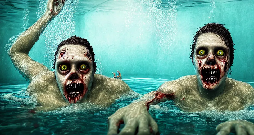 Image similar to highly detailed full body portrait of a zombie swimming underwater in a zombie - apocalypse, in a swimming pool, by stephen bliss, octane render