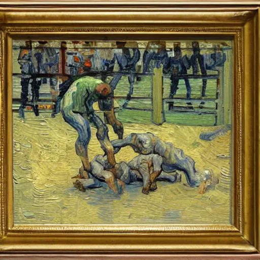 Prompt: 3 drunks fall over mud - wrestling,, oil painted ( ( ( ( ( ( by van gogh ) ) ) ) ) )