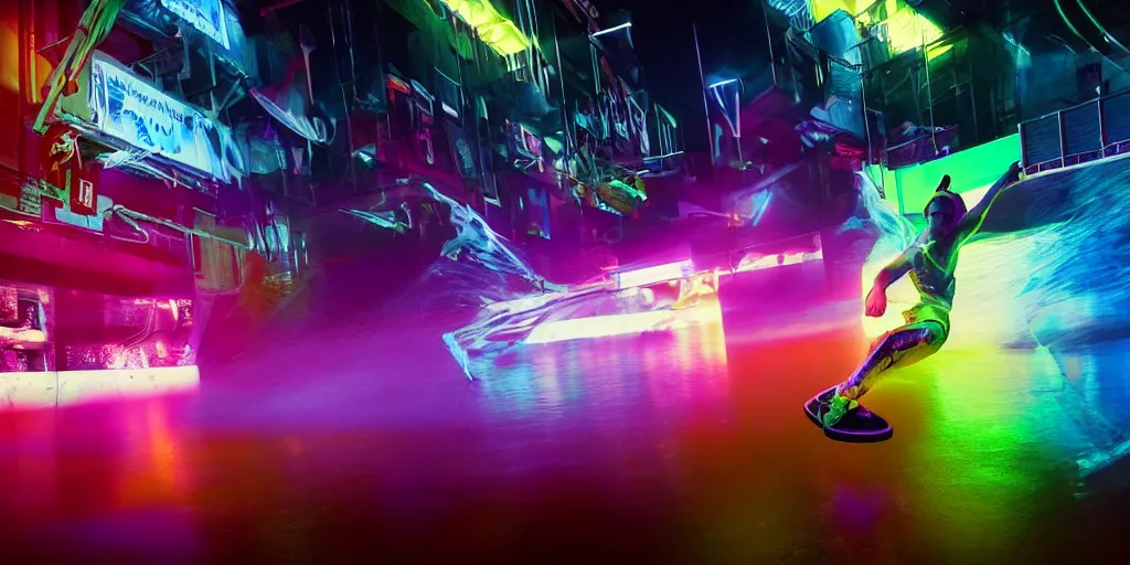 Prompt: cinematic camera wide angle of slow motion film still of futuristic break dancer wearing neon lights, long exposure shot , at night in the middle of an environment with only water and fog, paddle of water, water splashes, rim lights, glossy reflections, water droplets on lens, detailed and soft, by Ruan Jia and Mandy Jurgens and Artgerm and william-adolphe bouguereau and Greg Rutkowski and Wayne Barloweglints, lens flares