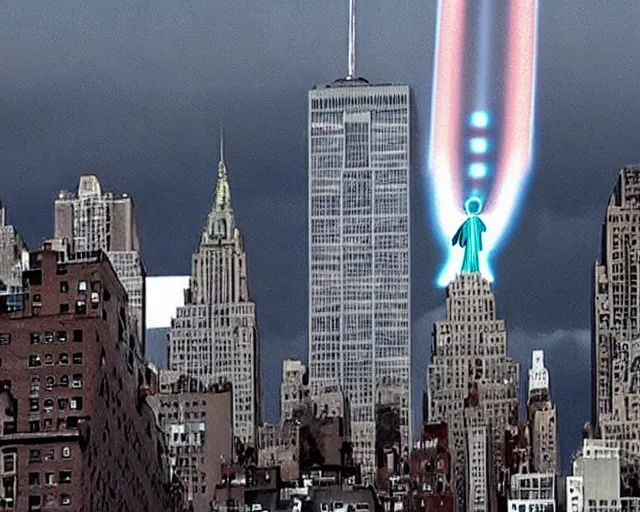 Image similar to [alien invasion] ufo footage spotted at new york city. there is explosions all over the city. 9/11 inspired. archangel michael inspired by an alien.