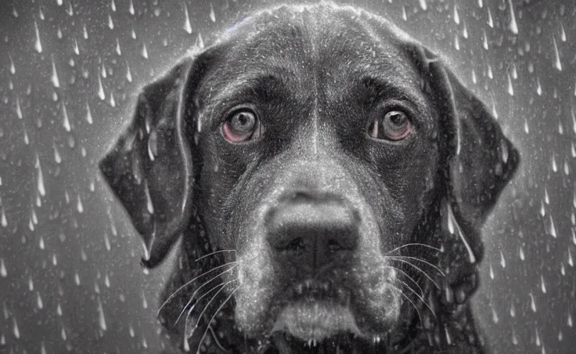 Image similar to a sad dog sitting in rain, detailed face, 8 k