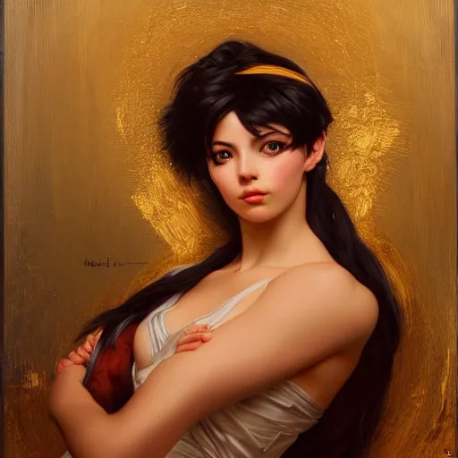 Image similar to beautiful golden portrait of Tracer (Overwatch) Grand Odalisque intricate oil painting by Jo hn William Godward and Anna Dittman by J-H 768-C2.0