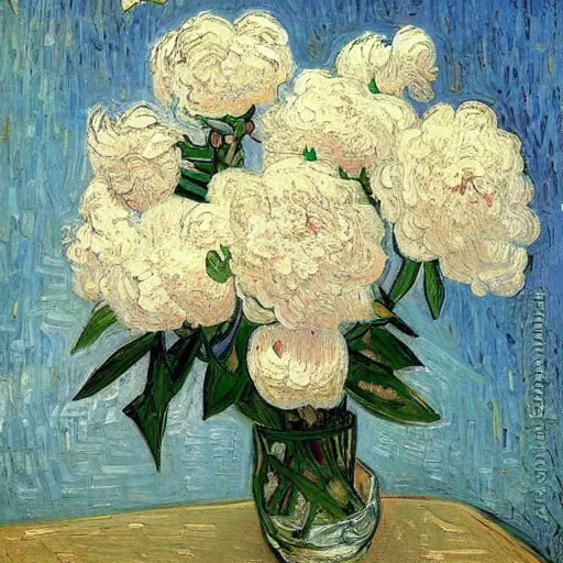 Image similar to atmospheric beautiful bouquet of white delicate peonies in the sunny room of his beloved wife, wang gogh wrote