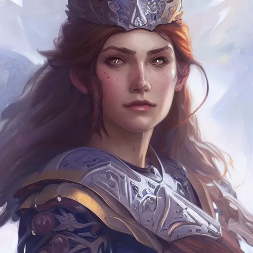 Image similar to portrait of a female paladin, D&D, fantasy, highly detailed, digital painting, artstation, smooth, sharp focus, illustration, art by artgerm and greg rutkowski and alphonse mucha