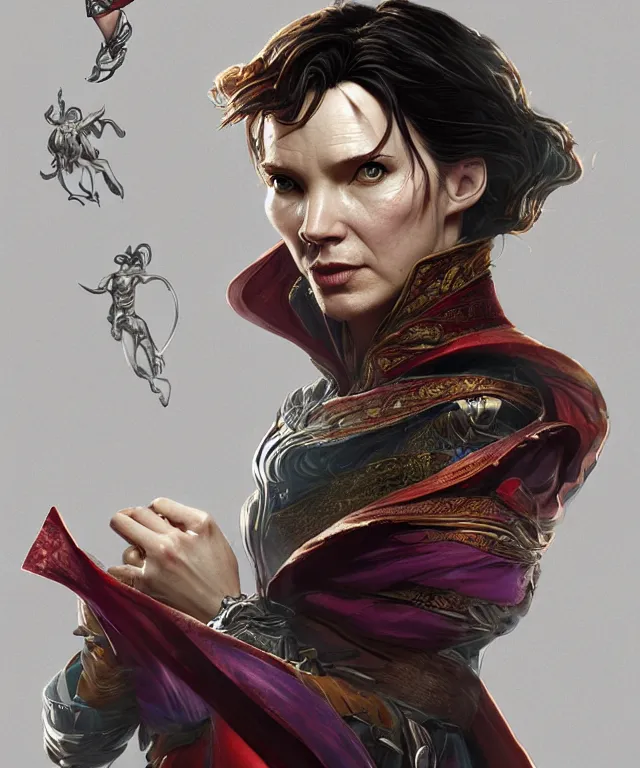 Image similar to doctor strange female, au naturel, hyper detailed, digital art, trending in artstation, cinematic lighting, studio quality, smooth render, unreal engine 5 rendered, octane rendered, art style by klimt and nixeu and ian sprigger and wlop and krenz cushart