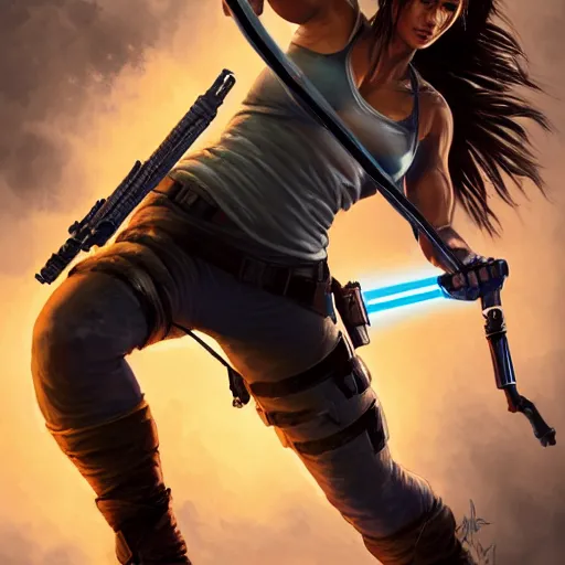 Image similar to Portrait Lara Croft wielding a blue Lightsaber, Tomb Raider, Alicia Vikander, beautiful, 4k oil on linen by wlop, artgerm, andrei riabovitchev, nuri iyem, james gurney, james jean, greg rutkowski, highly detailed, soft lighting 8k resolution