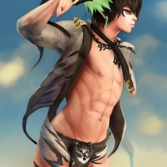 Prompt: emo boy with cat ears and tail shirtless on the beach, fantasy artwork, award winning, hyper detailed, very very very very very very very very very very very very very very very very very beautiful, studio lighting, artstation