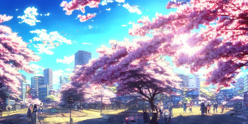 Image similar to anime style cityscape, spring season city, cherry blossoms blowing in the wind, day time, sun high in the sky, sun glare, clear weather, blue sky, tokyo japan, very few people walking, high detail and very sharp, detailed shading, artstation, wallpaper, anime art style, kyoto animation productions, koyoharu gotouge