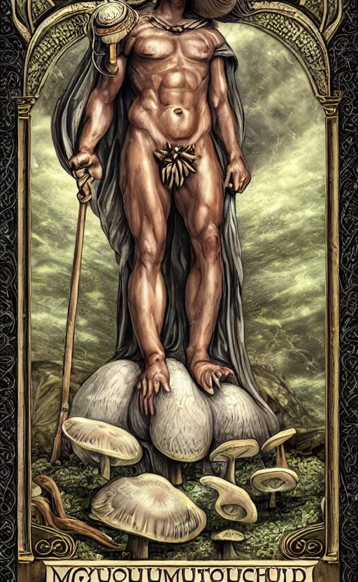 Image similar to a masterpiece hyperdetailed dnd tarot card, magnificent mushroom deity as depicted in a colossal greek marble statue ( with godlike bodybuilder physique ), hd tarot card depicting monumental statue of a dignified mushroom god with cute large mushroom hat, hdr, 8 k, artstationhq, digital art