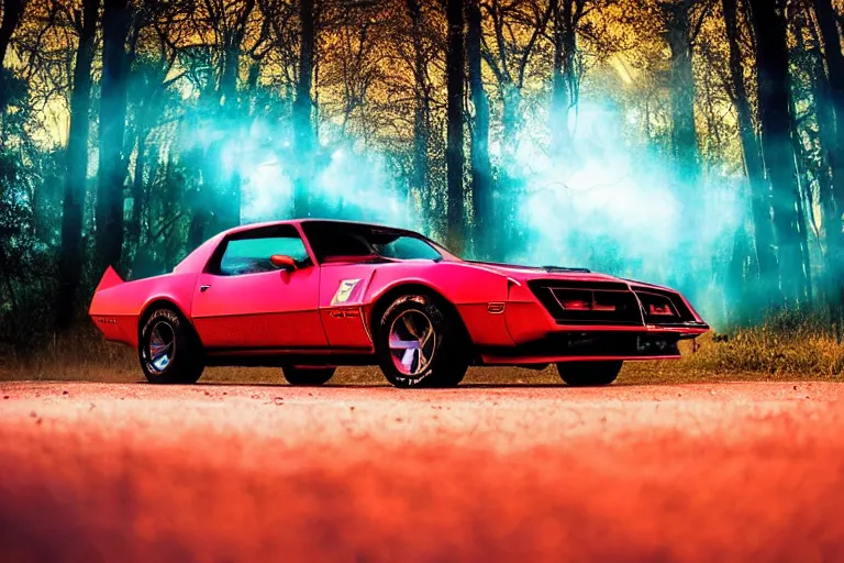 Prompt: pontiac firebird trans - am with glowing paint, david hasselhoff wearing biker jacket while standing next to car, sunrise, eerie light, fireflies, dramatic, cinematic, forest, horror, sunbeams, volumetric lighting, wide shot, low angle, lightning storm hitting the car, ground cracking open to reveal a portal to hell