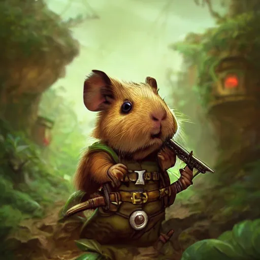 Image similar to cute little anthropomorphic Guinea Pig Soldier, ultra wide lens shot , tiny, small, Jungle camouflage, short, cute and adorable, pretty, beautiful, DnD character art portrait, matte fantasy painting, DeviantArt Artstation, by Jason Felix by Steve Argyle by Tyler Jacobson by Peter Mohrbacher, cinematic lighting