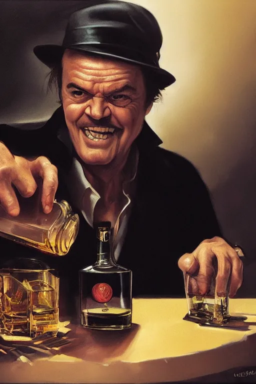 Image similar to a whiskey bottle is jack nicholson, jack nicholson is the bottle, by caravaggio and artgerm and greg rutkowski