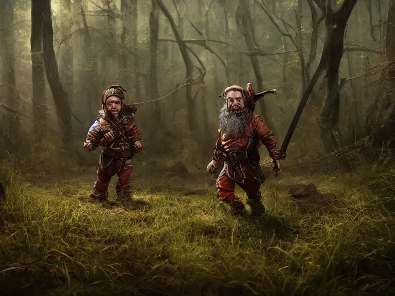 Image similar to Scaredy Cat Dwarf Ranger trips while running through Haunted Swamp, RPG Scene, Oil Painting, Trending on Artstation, octane render, Insanely Detailed, 8k, HD