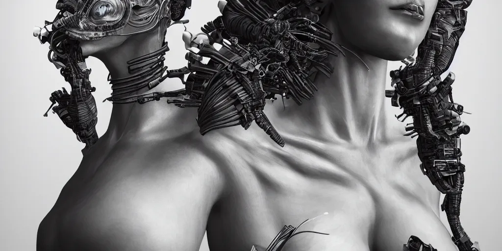 Image similar to hyper realistic photography of a beautiful cyborg female, intimate holding close, in the style of beth cavener, jin kagetsu, wlop, westworld, highly detailed, intricate filigree, symmetry, masterpiece, concept art, highkey lighting, ambient lighting, octane render, 8 k, artstation