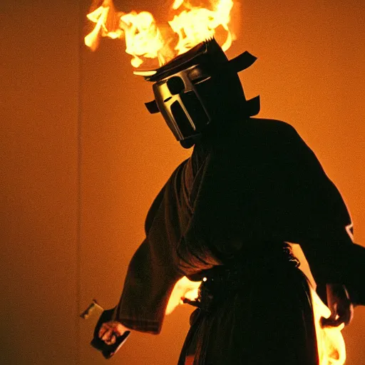 Prompt: cinematic film still MF Doom starring as a Samurai holding fire, Japanese CGI, VFX, 2003, 40mm lens, shallow depth of field,film photography