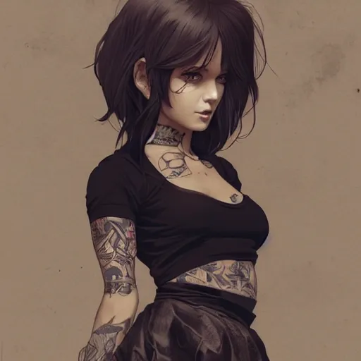 Image similar to french bar maid, tattoos, black t - shirt, black skirt, detailed portrait, intricate complexity, by greg rutkowski, artgerm, ross tran, conrad roset, takato yomamoto, ilya kuvshinov. 4 k, beautiful, cinematic dramatic atmosphere