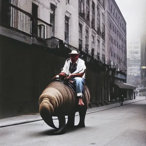 Prompt: a man riding a walrus down the street, kodachrome, 3 5 nn f 1, 4 lens, dramatic lighting, masterpiece