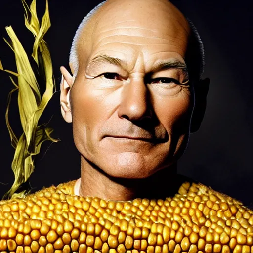 Prompt: photo portrait of patrick stewart made of corn cob