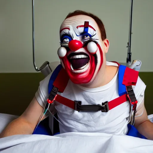 Image similar to confused laughing clown lying in hospital bed with wrist restraints on, restraint fabric straps attached to hospital bed, photograph, 8 k