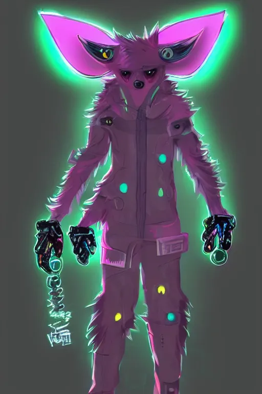 Prompt: a cyberpunk anthropomorphic wolf with a fluffy tail, comic art, trending on furaffinity, cartoon, kawaii, backlighting, furry art!!!, neon, concept art