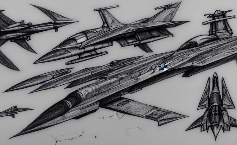 Prompt: pencil concepts or sketchs, with multiple proposals, for spaceship model of a jetfighter, scifi, gradius, ikaruga