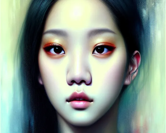 Image similar to jisoo from blackpink, portrait, highly detailed, deep focus, elegant, digital painting, smooth, sharp focus, illustration, ultra realistic, 8 k, art by karol bak and agnes cecile