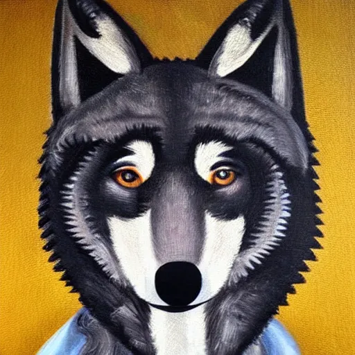 Image similar to retarded wolf portrait, frida style